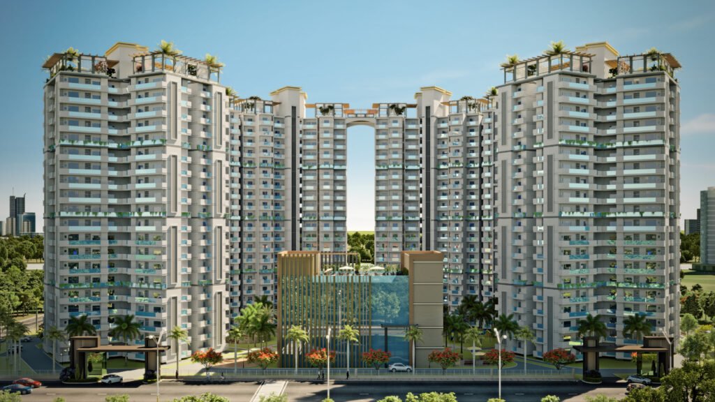 Architectural view of the Circuit Heights residential towers and landscaped approach
